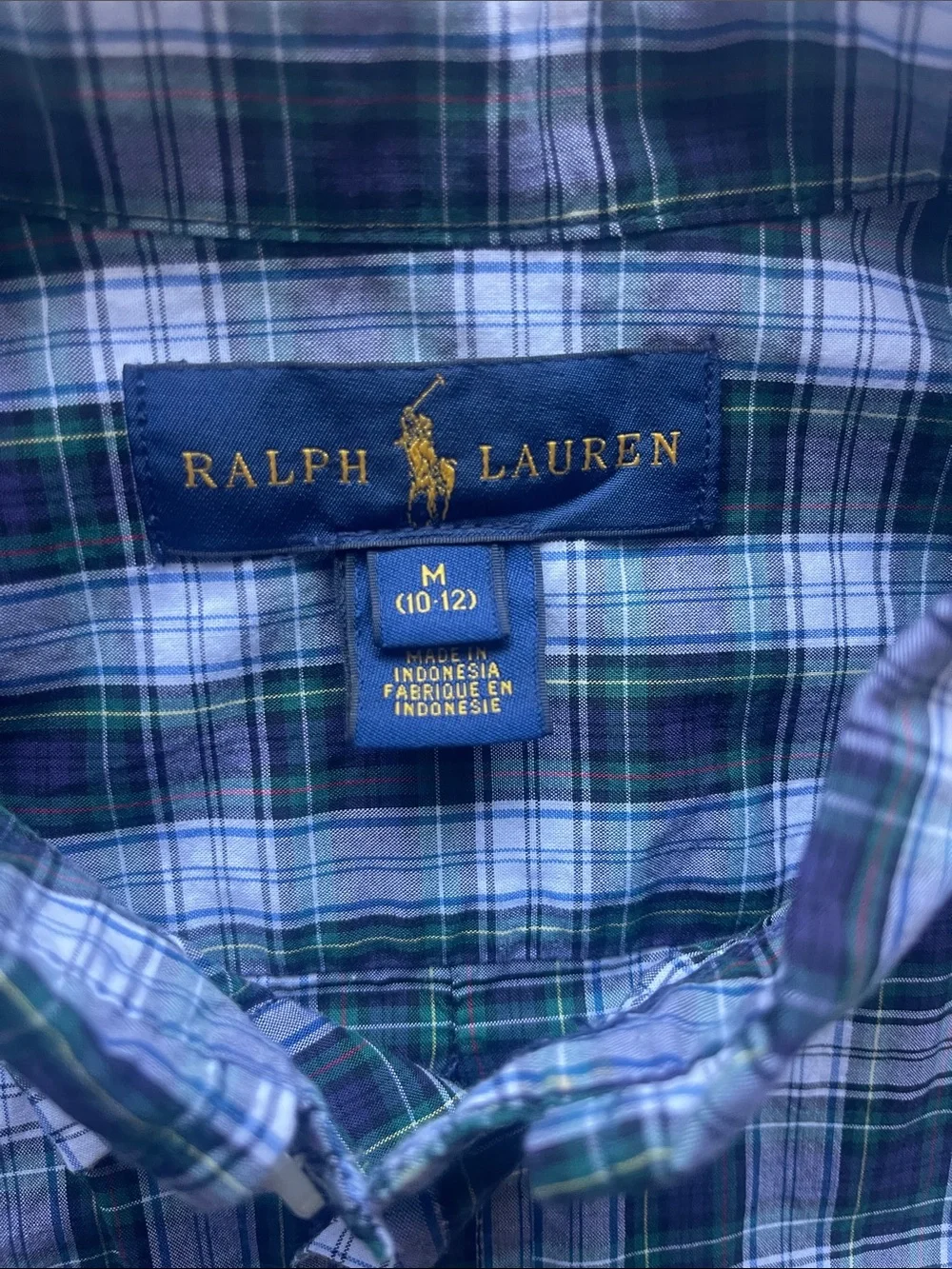 Ralph Lauren Boys Size 10-12 Navy, Green & White Plaid Button-Down Shirt